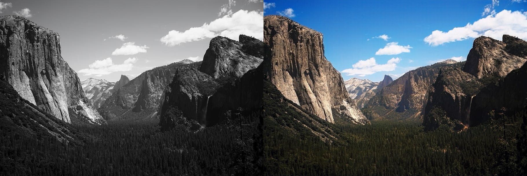 A valley shown in black-and-white on the left and colourised on the right