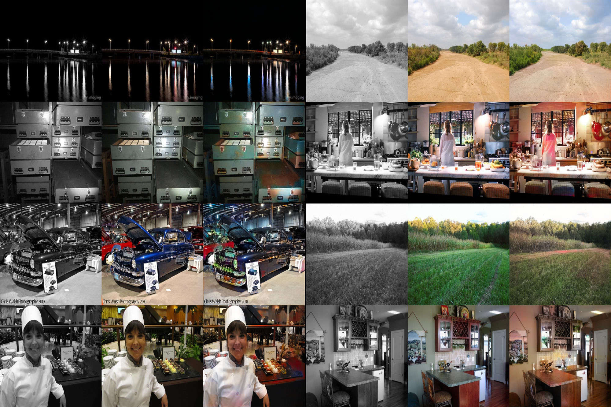 A grid of grayscale inputs beside the model's colourised predictions